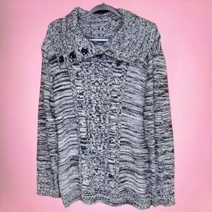 NEW Karen Scott XL Cable Knit Pullover Black Marble Sweater Button Drape Collar